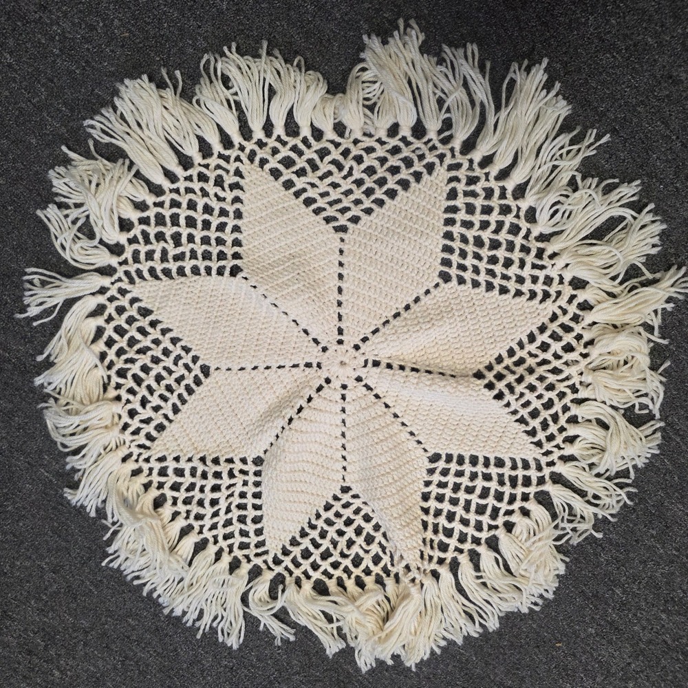 Vintage Handmade Crochet Star Doily Cream Fringe Table Centerpiece Boho 24.25"